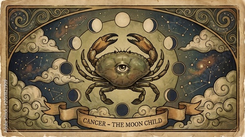 Cancer Zodiac Moon Child Vintage Celestial Illustration with Crab and Lunar Phases