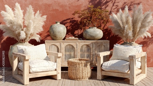 Bohemian living room decor with armchairs vases and decorative plants