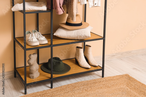 Shelves with shoes and hats...