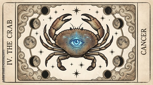 Mystical Cancer Zodiac Tarot Card Illustration Featuring a Third Eye Crab and Lunar Moon Phases