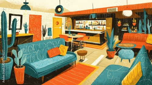 Colorful mid century modern interior illustration with furniture and plants