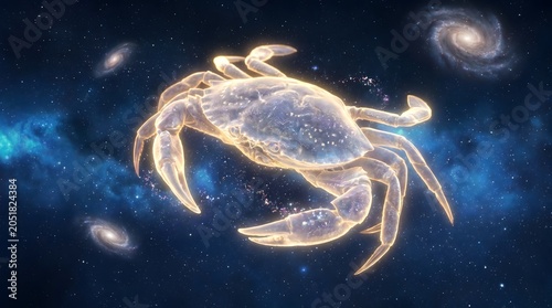 Cosmic Crab Constellation Cancer Zodiac Sign Glowing in Deep Space Nebula Background