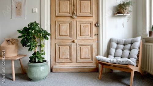 Wooden doorway and interior with plants and a chair in natural light