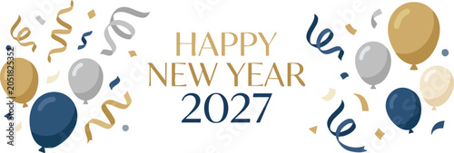 Festive Happy New Year 2027 banner with balloons and confetti