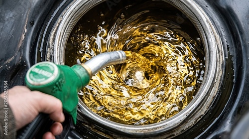 Close up of hand holding green unleaded fuel nozzle pouring golden liquid into car's fuel tank creating a swirling vortex concept of energy transportation
