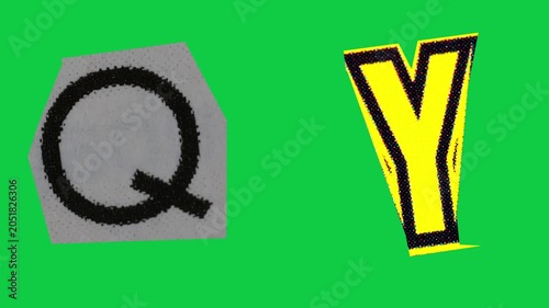 Stop Motion graphic Alphabet letter Q Y magazine paper cut collage, ransom note style text, additional video elements on green screen
