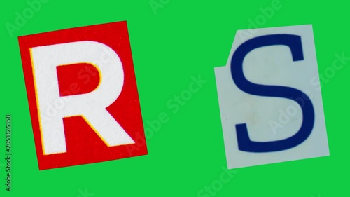 Stop Motion graphic Alphabet letter R S magazine paper cut collage, ransom note style text, additional video elements on green screen