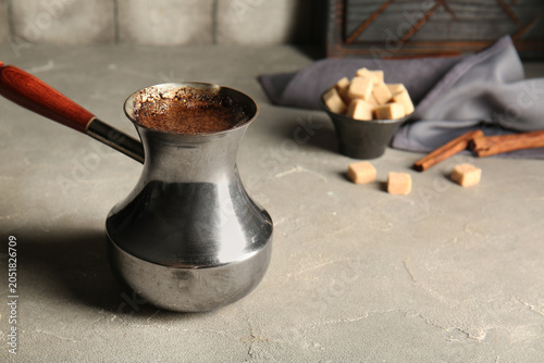 Cezve with hot brewed coffe...