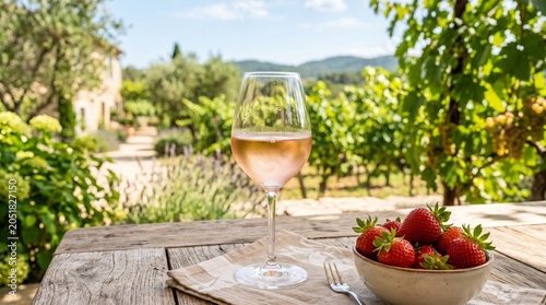 Glass of chilled rosé wine and fresh strawberries on a rustic wooden table in a sunny vineyard