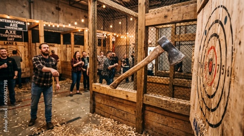 Man Throwing Axe at Wooden Target in Mid-Air at Indoor Recreation Venue
