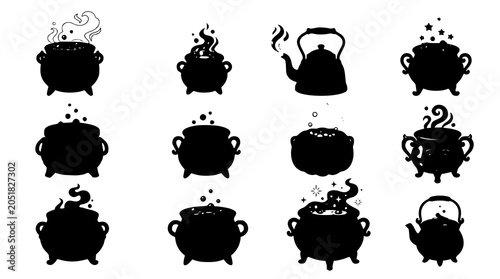 Different Halloween witches pots collection vector illustration spooky cauldron set isolated on white background