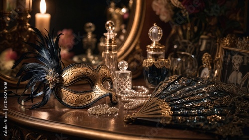 finery. Feathered mask and sequined fan on vanity table, soft candlelight. event programs, museum guides, designed for cultural heritage projects and event programs, elevates cultural identity.