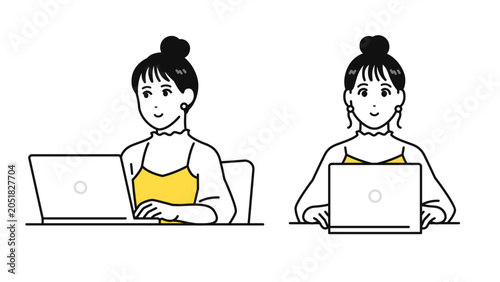 pcを操作するまとめ髪の若い女性の正面と斜め前のアングルセット素材