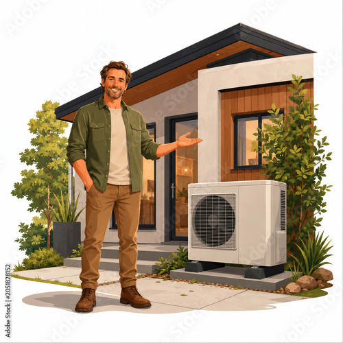 Homeowner Presenting Modern Air Source Heat Pump Energy Upgrade Vector Illustration