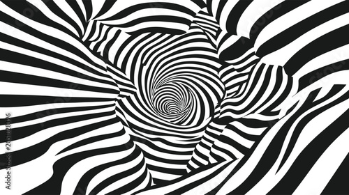 Abstract Black and White Wavy Stripes Background with Optical Illusion Spiral Vortex Tunnel Design