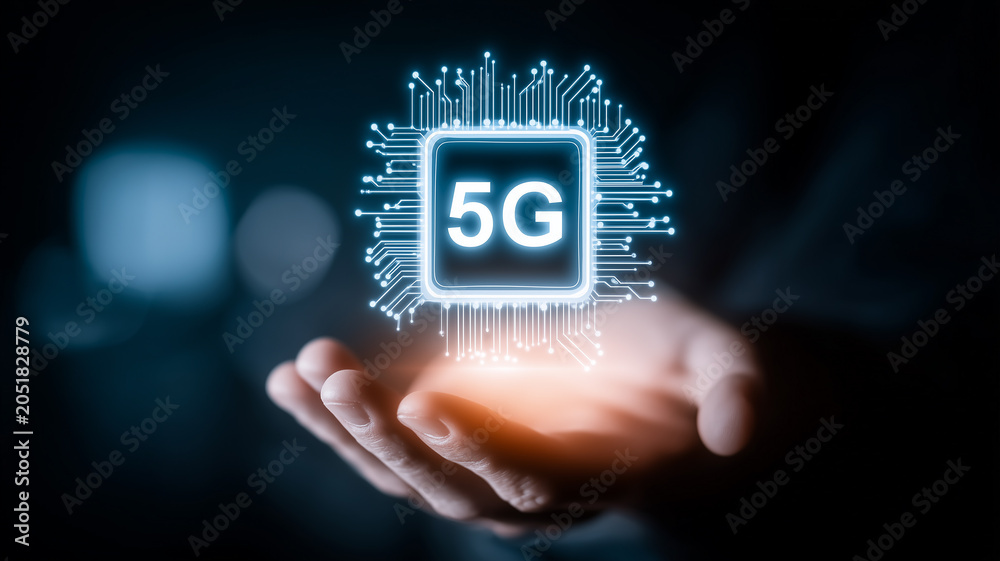 Fototapeta premium A hand presenting a 5G microchip hologram representing next generation connectivity, wireless communication, smart networks and digital innovation. 