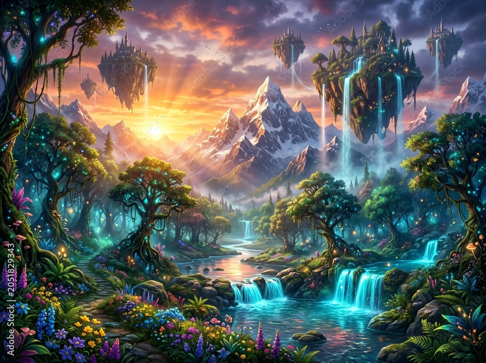Fototapeta premium Enchanting Fantasy Landscape with Floating Castles Cascading Waterfalls and Glowing Forest
