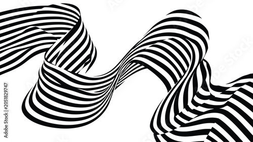 Abstract Black and White Wavy Stripes Background with Dynamic Flowing Ribbons and Optical Illusion