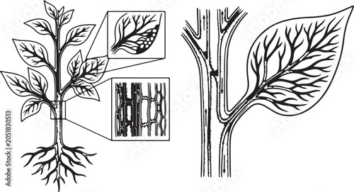 Fényképezés Plant vascular system vector illustration with xylem and phloem transport anatom