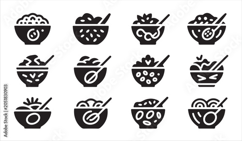 Cuadro en lienzo Set of assorted rice bowl icons featuring various grains toppings and spoons in solid style