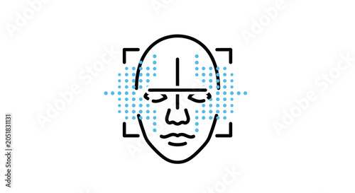 Minimalist face recognition icon with digital data points.
