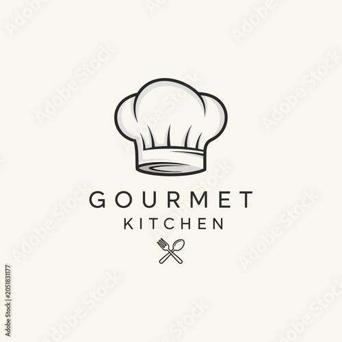 Minimalist Gourmet Kitchen Logo Design Featuring Chef Hat and Cutlery.