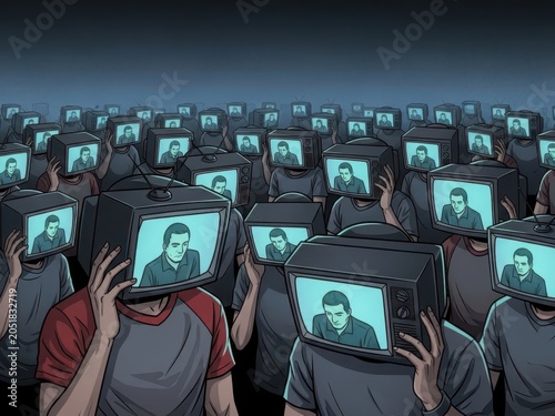 Crowd of people with television heads