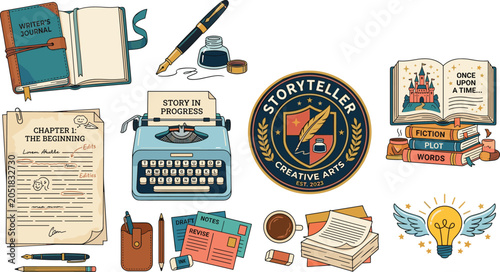 Quadro su tela Creative writing and storytelling vector set featuring typewriter journal founta