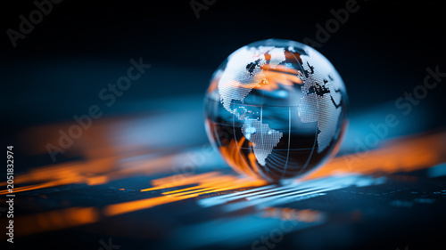 Digital globe on a technology surface, representing global communication, international data exchange and connected business networks.
