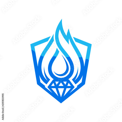 Blue shield logo featuring flame water drop and diamond.