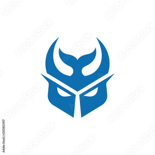 Blue stylized spartan warrior helmet logo on white background.