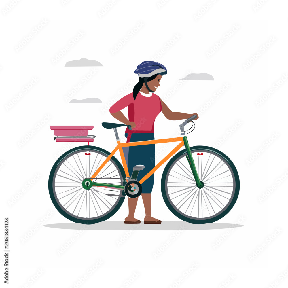 Naklejka premium Woman with bicycle and helmet, flat design illustration