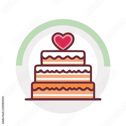 Flat design icon of a three-tier wedding cake with a heart topper
