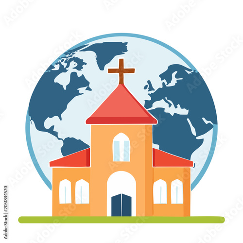 Flat Design Illustration of a Church with Globe Background