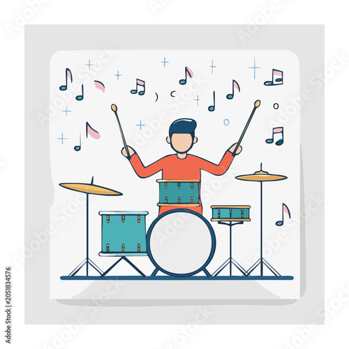 Flat design illustration of a drummer playing a drum set with musical