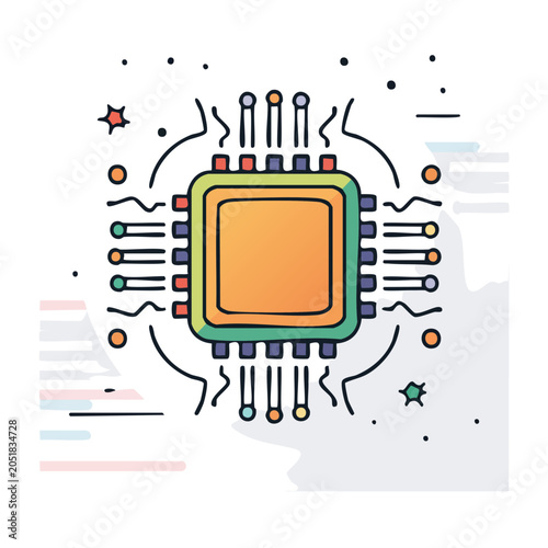 Stylized microchip illustration with colorful elements