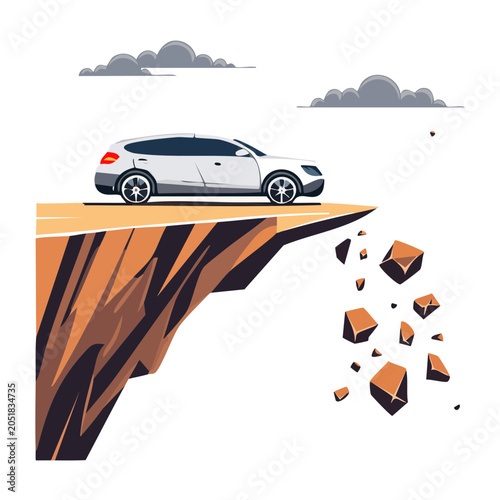 White car on the edge of a cliff with falling rocks