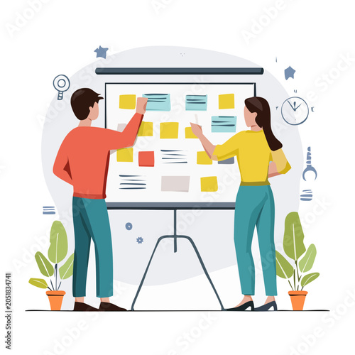 Team planning and collaborating on a whiteboard with sticky notes