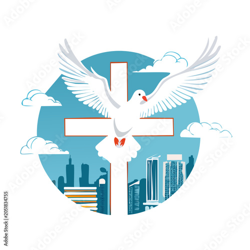 White Dove Flying with Cross and City Skyline