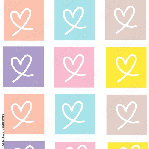 Colorful pastel square pattern with hand drawn white heart doodle