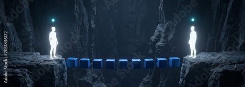 Two glowing humanoids on cliff edges bridge a chasm with blue cubes, symbolizing connection and shared journey in a dark cave.
