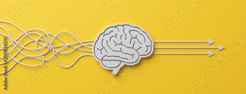 Abstract brain symbolizing organized thought process from chaotic wires to clear directional arrows, representing solutions and innovation