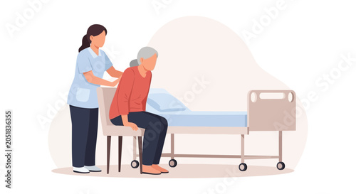 Nurse Assisting Elderly Patient To Sit Up In Hospital Bed, Healthcare Support