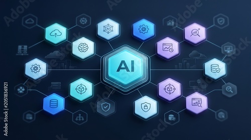 AI network connecting various technology and data services with digital icons and abstract hexagonal nodes on a dark background