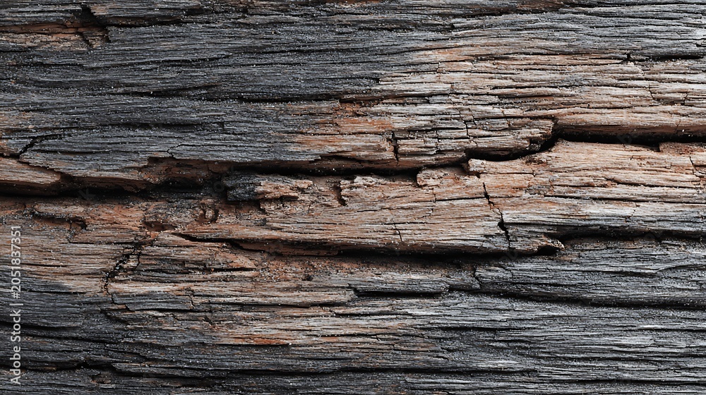 Naklejka premium Weathered dark wooden texture with deep cracks and natural grain.