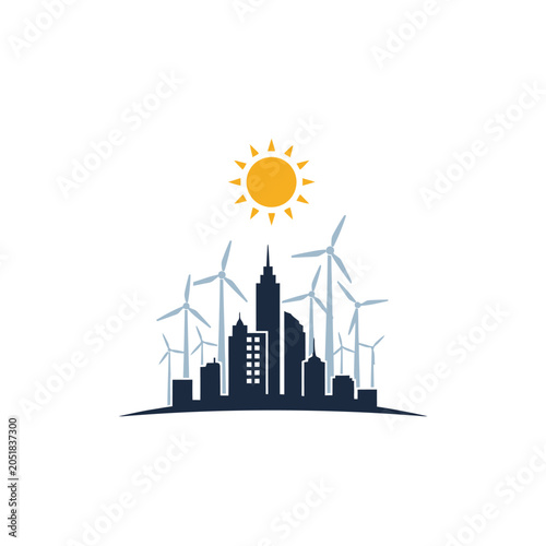 Eco-friendly city skyline with wind turbines and sun.
