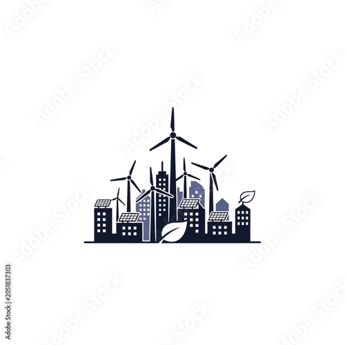 Eco-friendly city skyline with wind turbines and green leaf symbol.