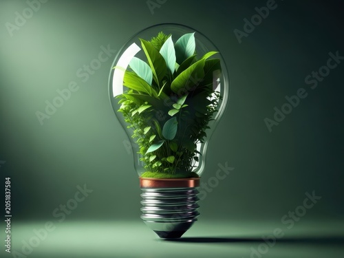 Green plant growing inside a glass light bulb