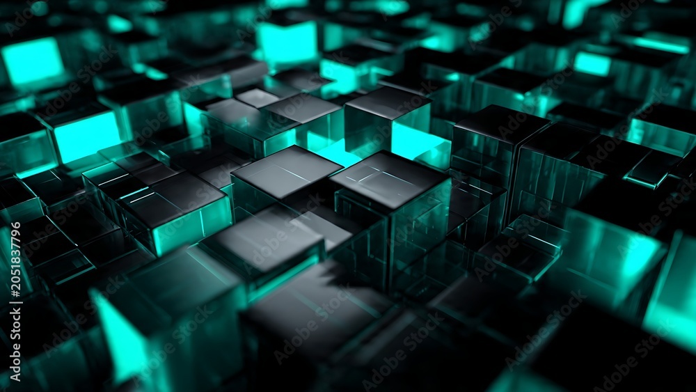 Fototapeta premium Abstract technology background featuring dark glossy cubes structure with glowing turquoise neon lights