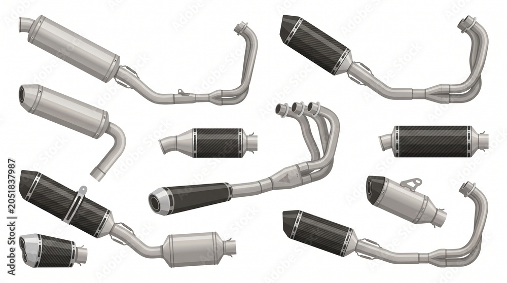 Fototapeta premium Motorcycle Performance Exhaust Vector Illustration Collection with Modern Racing Muffler Designs